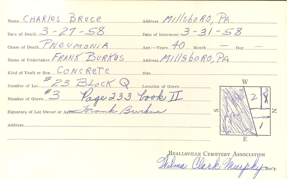 Charles Bruce burial card
